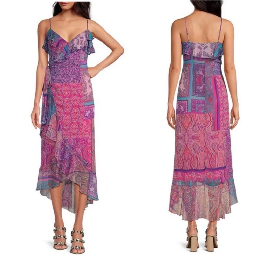 NWT Gianni Bini DANNIJO Isabella Printed V-Neck Ruffle Crinkle Chiffon Dress
